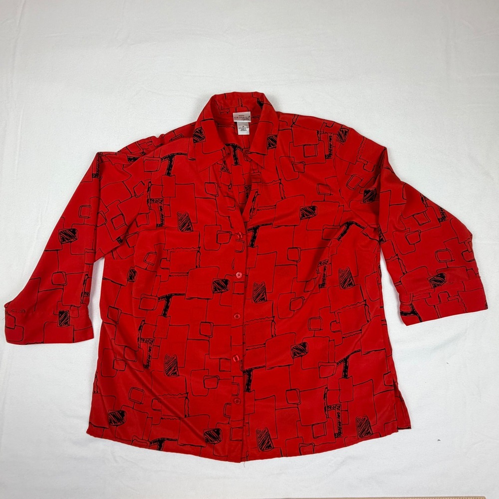 Kim Rogers Signature Red Black Geometric Print 3/4 Sleeve Blouse 1X Plus Size